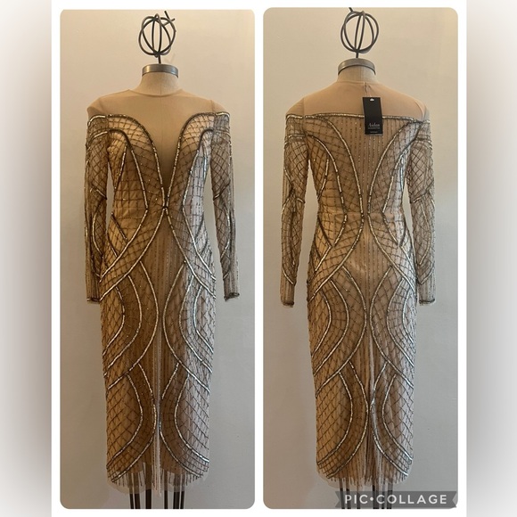 Aidan Mattox Dresses & Skirts - Aidan Mattox beaded illusion deep V-Neckline long sleeve midi dressy dress